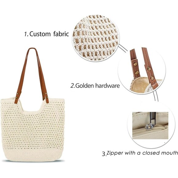 Women's Beige - Boho Woven Tote Purse For Vacation Crochet Beach Shoulder Bag - Picture 5 of 8